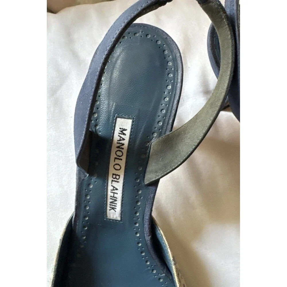 Manolo Blahnik Woven Canvas/ Suede Pointed Toe Slingback Pumps Kitten Heels Flaw